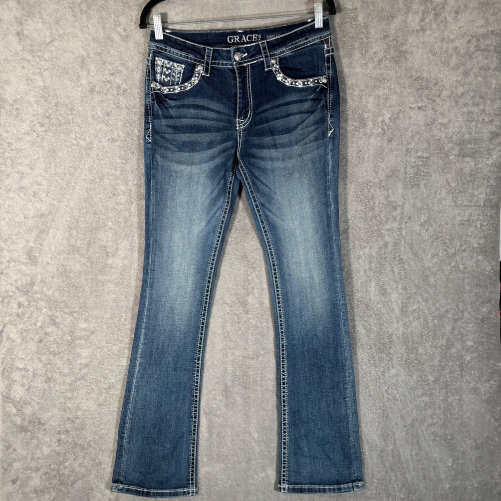 Grace in LA Easy Fit Bootcut Jeans Dark Wash Embellished Pockets Size 29 Western